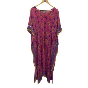 Pink Boho embroidered Studded Kaftan Beachy Vacation Cruise Glam flowy resort OS